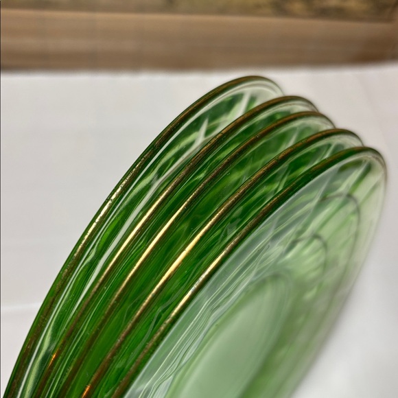 Set 5 Vaseline Glass Bloc Optic Plate Saucer 6 3/8”D Gold Trim Rim Pale Green